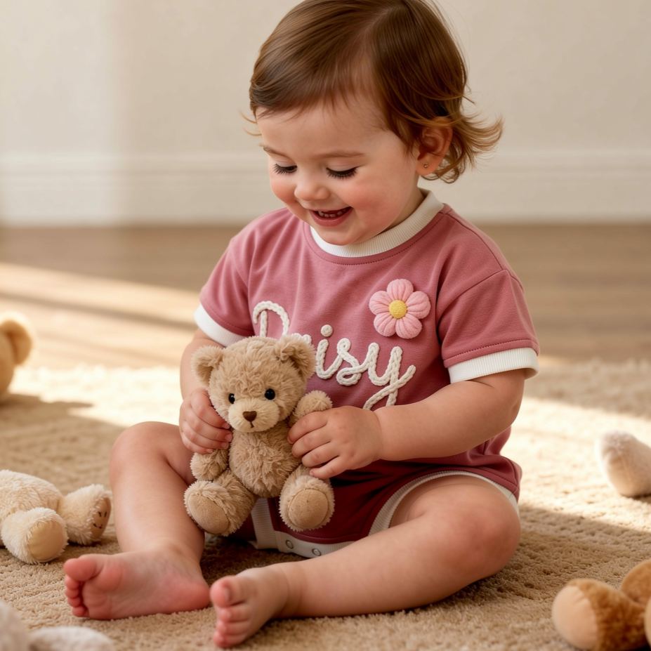 Personalized Hand Embroidered Short Sleeve Baby Bubble Romper | BBcloth142