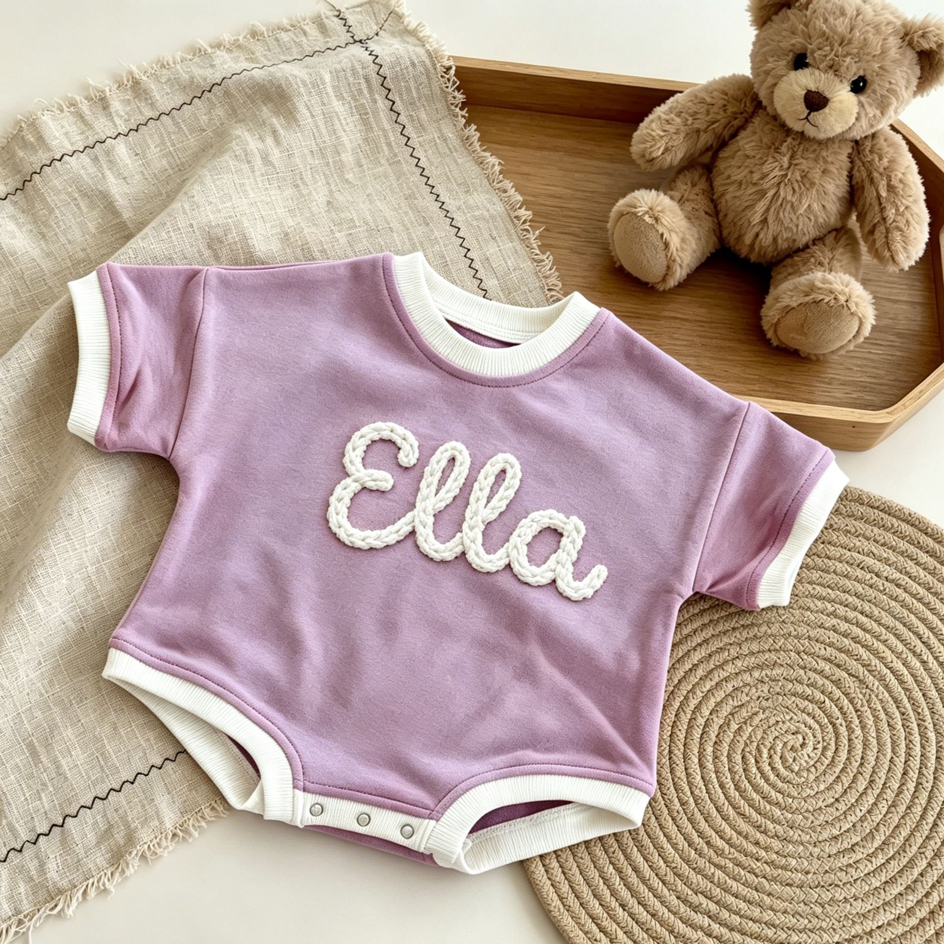 Personalized Hand Embroidered Short Sleeve Baby Bubble Romper| BBcloth142