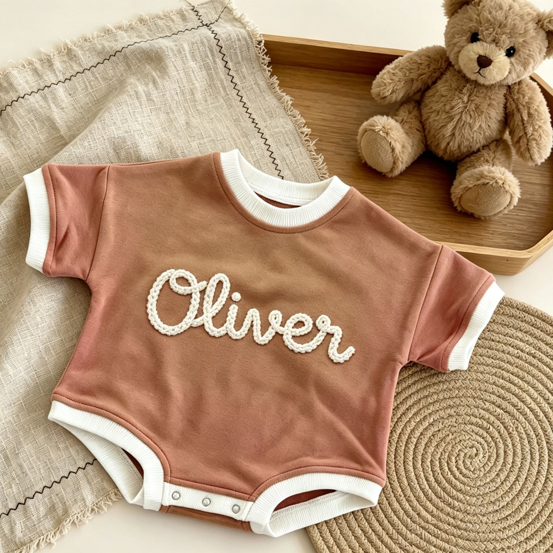 Personalized Hand Embroidered Short Sleeve Baby Bubble Romper| BBcloth142
