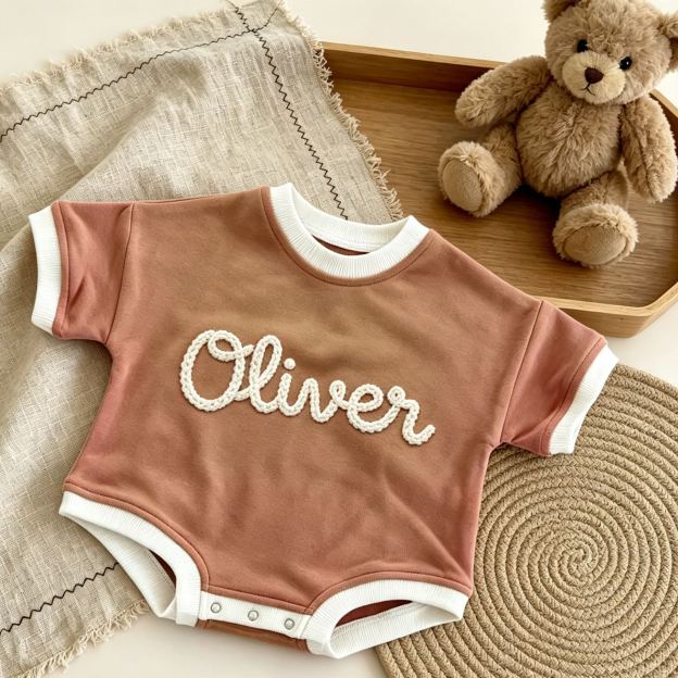 Personalized Hand Embroidered Short Sleeve Baby Bubble Romper| BBcloth142