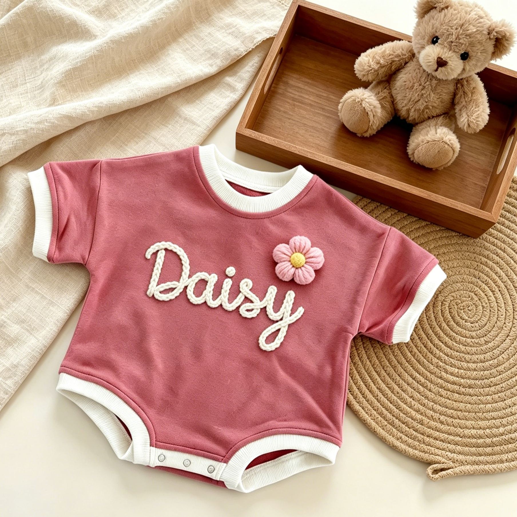 Personalized Hand Embroidered Short Sleeve Baby Bubble Romper| BBcloth142
