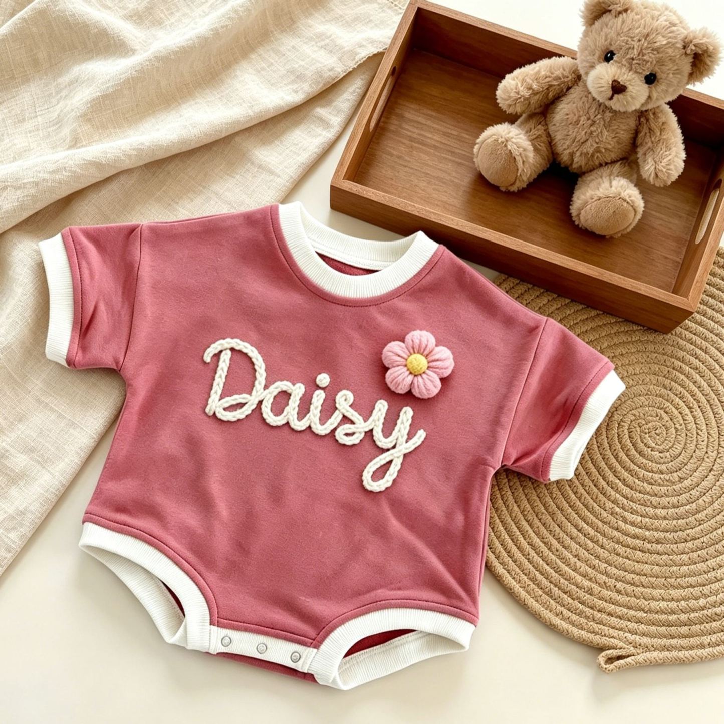 Personalized Hand Embroidered Short Sleeve Baby Bubble Romper| BBcloth142