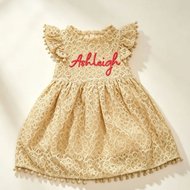 Personalized Girl Handmade Flower Lace Ruffle Dress| Dress115