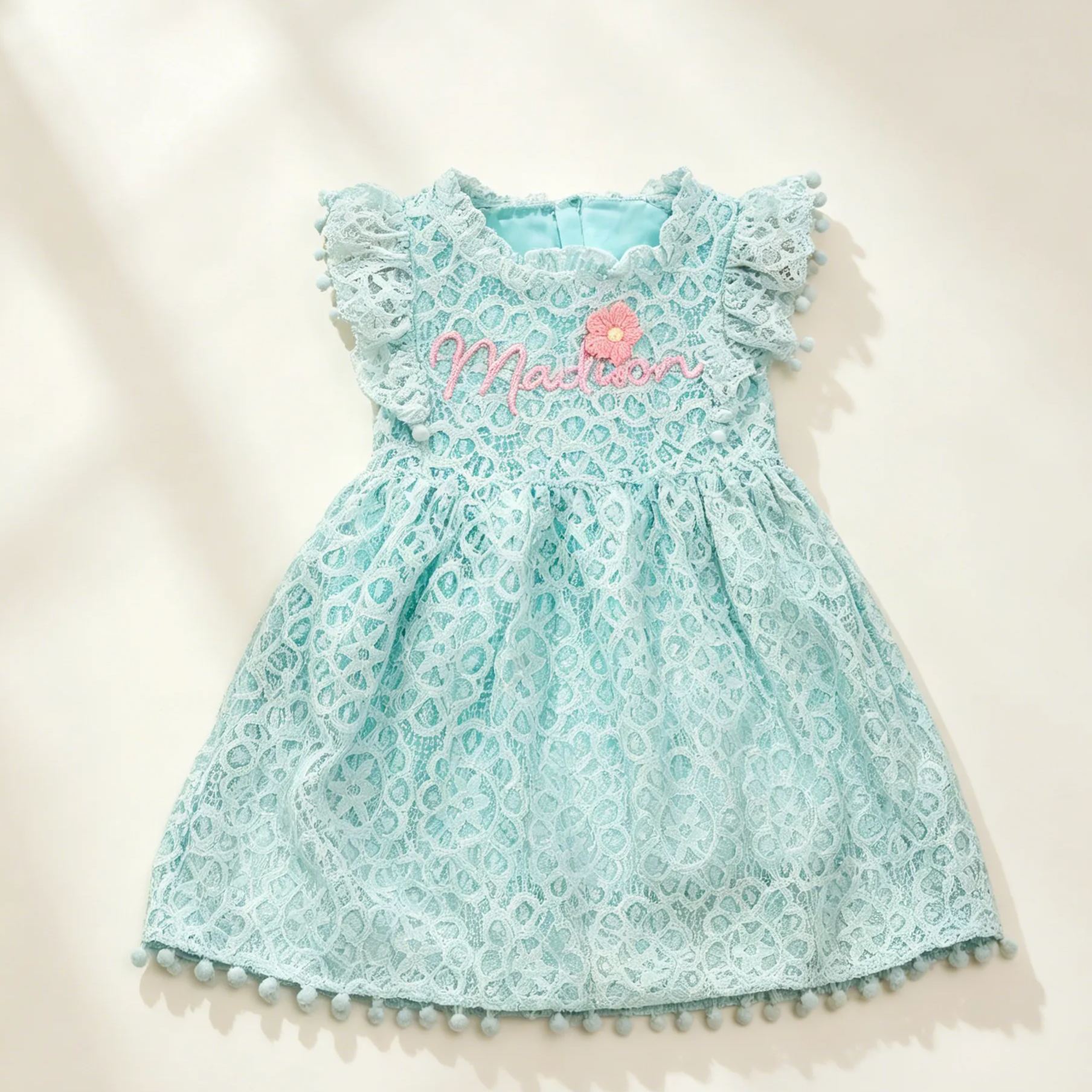 Personalized Girl Handmade Flower Lace Ruffle Dress| Dress115