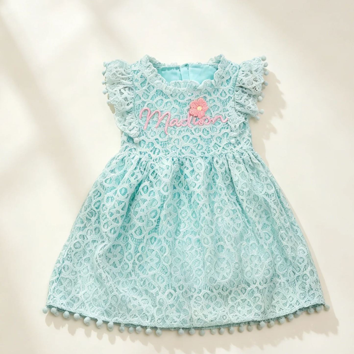 Personalized Girl Handmade Flower Lace Ruffle Dress| Dress115