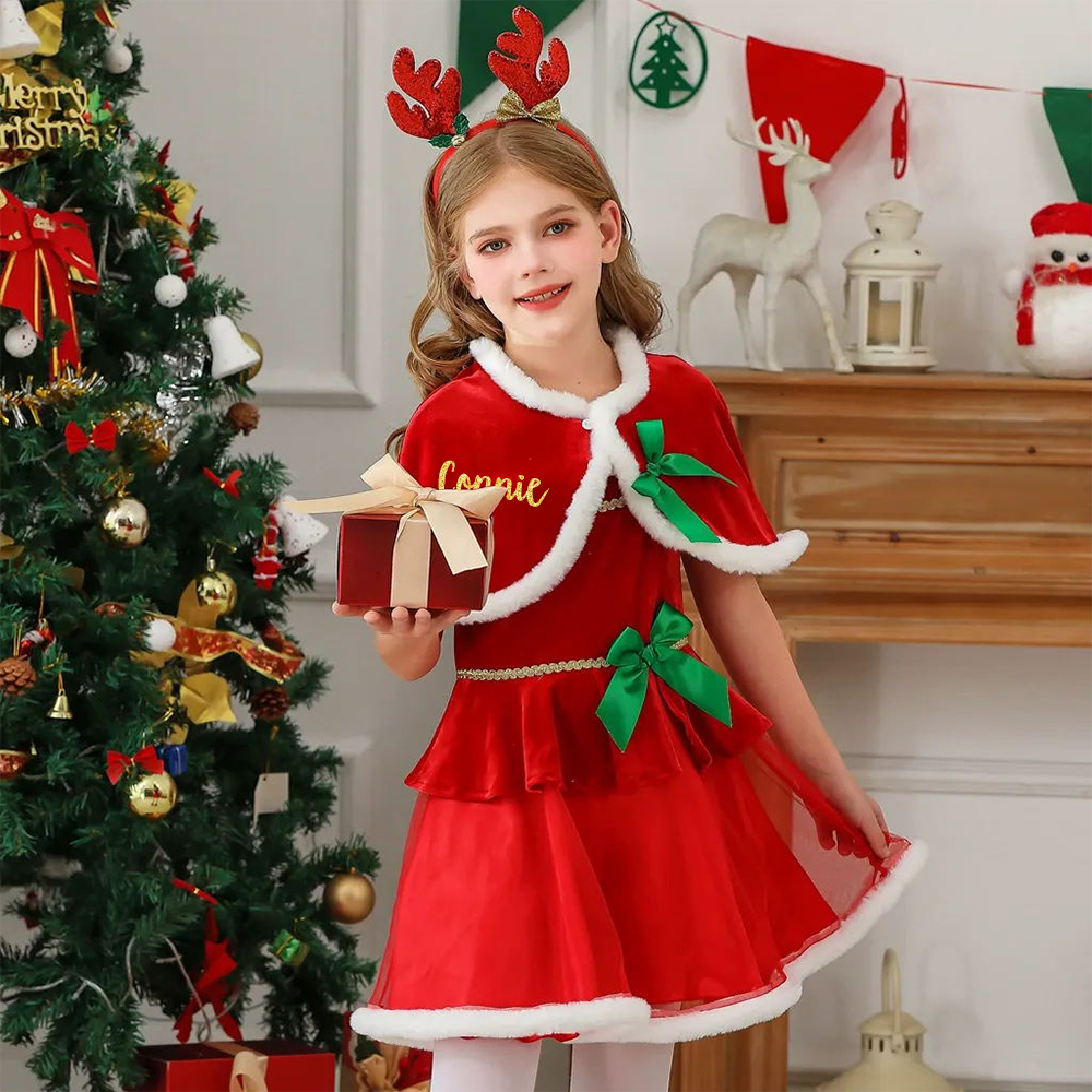 Personalized Girl Christmas Party Dress With Cape Shawl|YESMC04