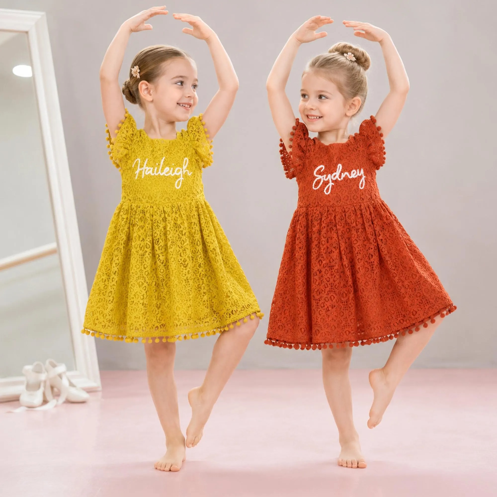 Personalized Girl Handmade Flower Lace Ruffle Dress| Dress115