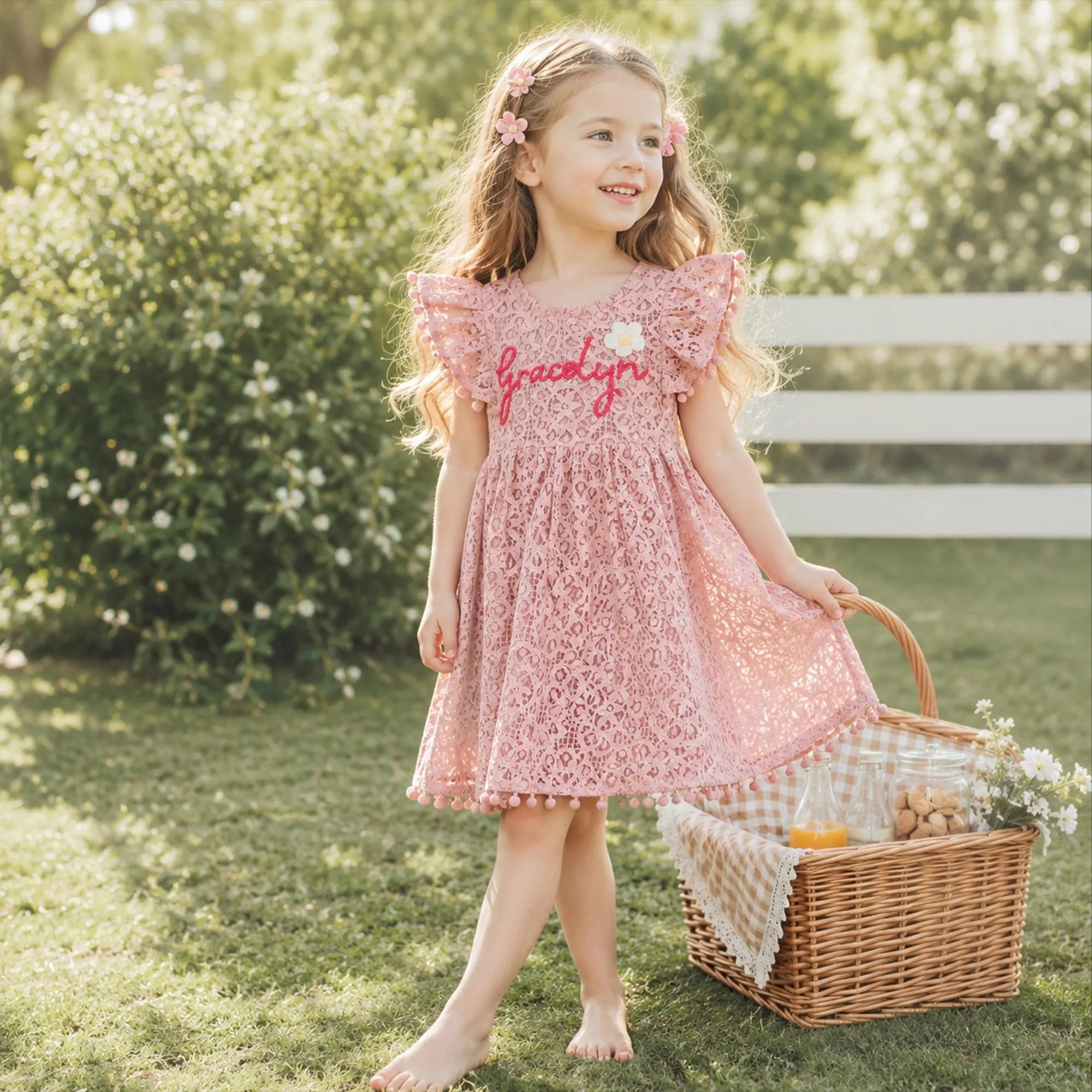 Personalized Girl Handmade Flower Lace Ruffle Dress| Dress115