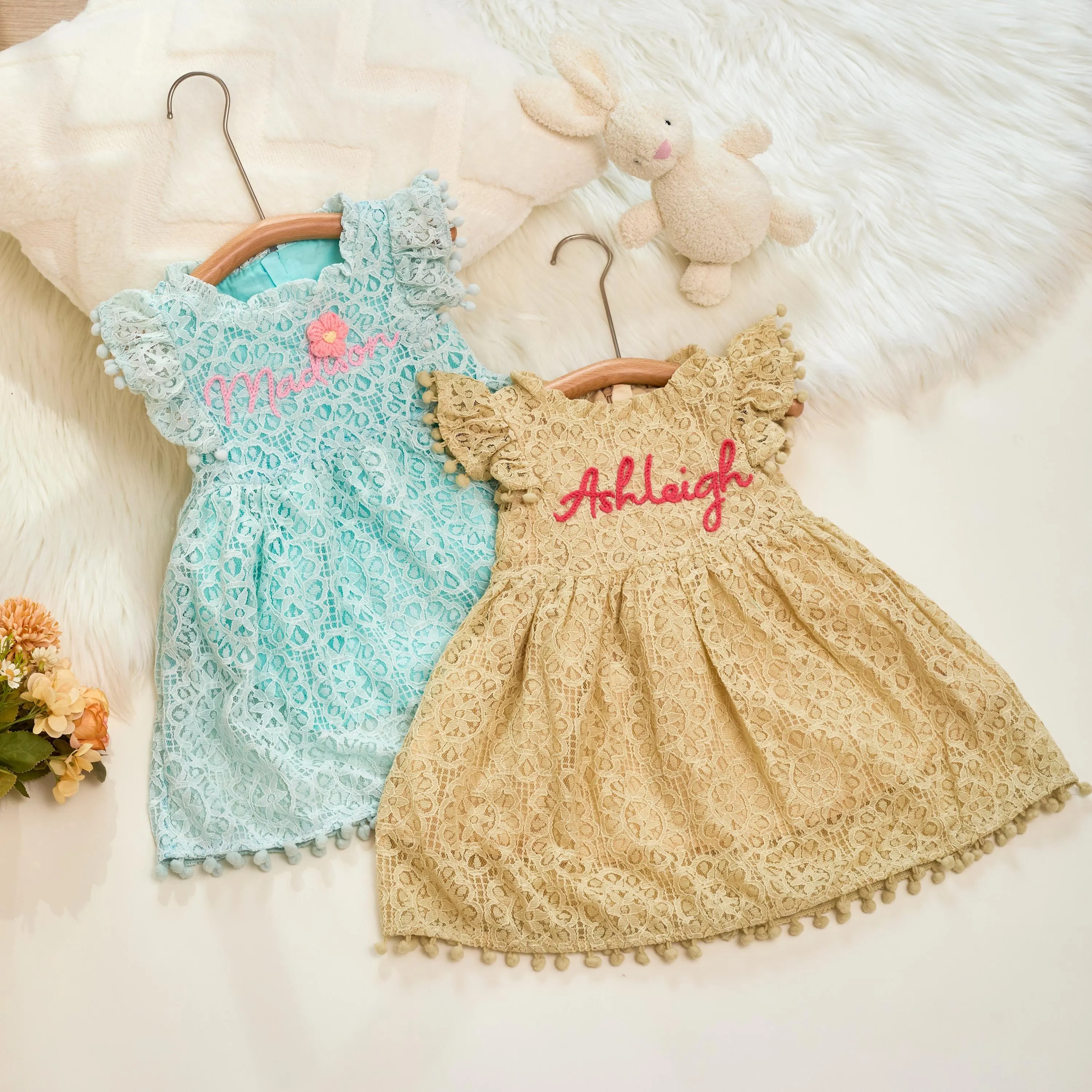 Personalized Girl Handmade Flower Lace Ruffle Dress| Dress115