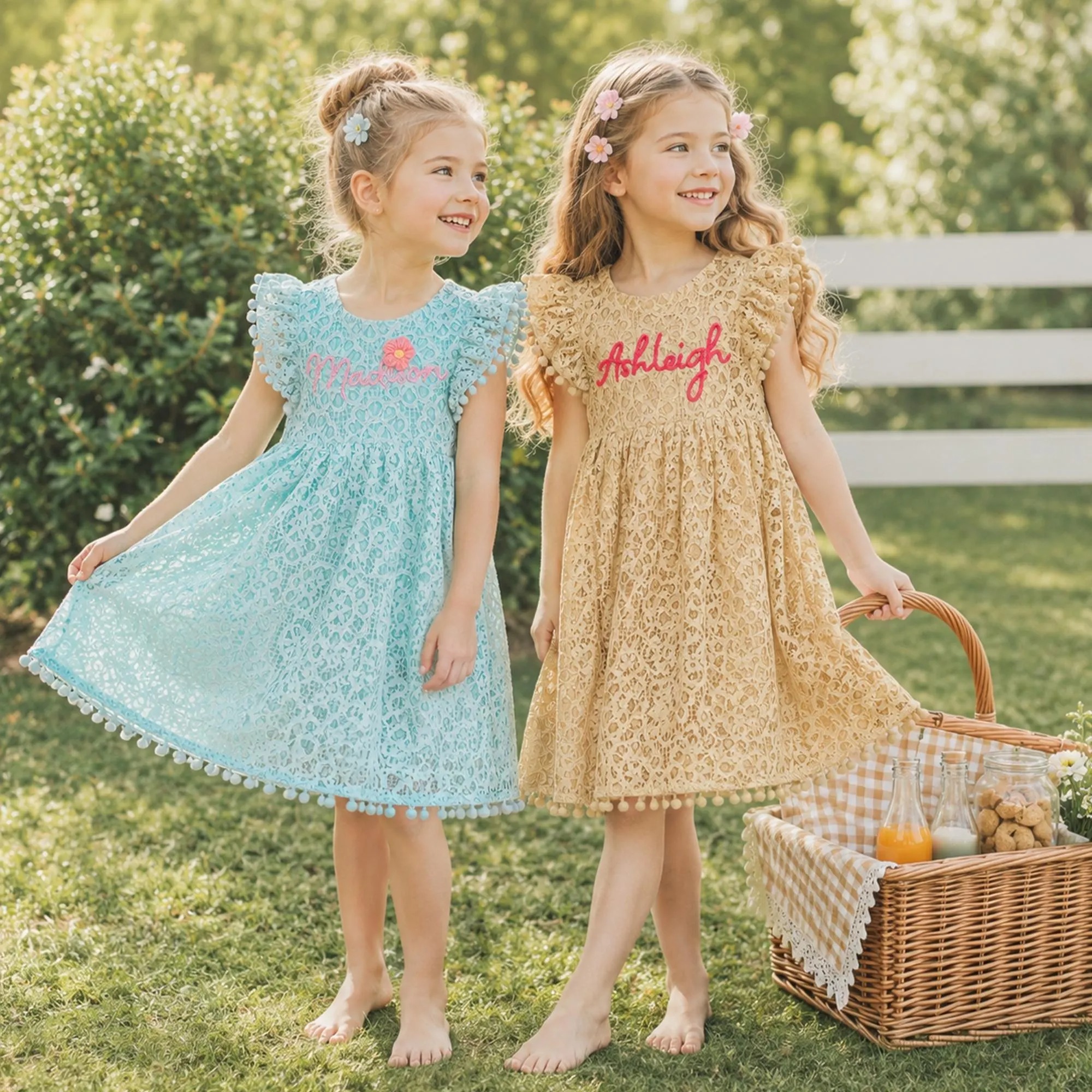 Personalized Girl Handmade Flower Lace Ruffle Dress| Dress115