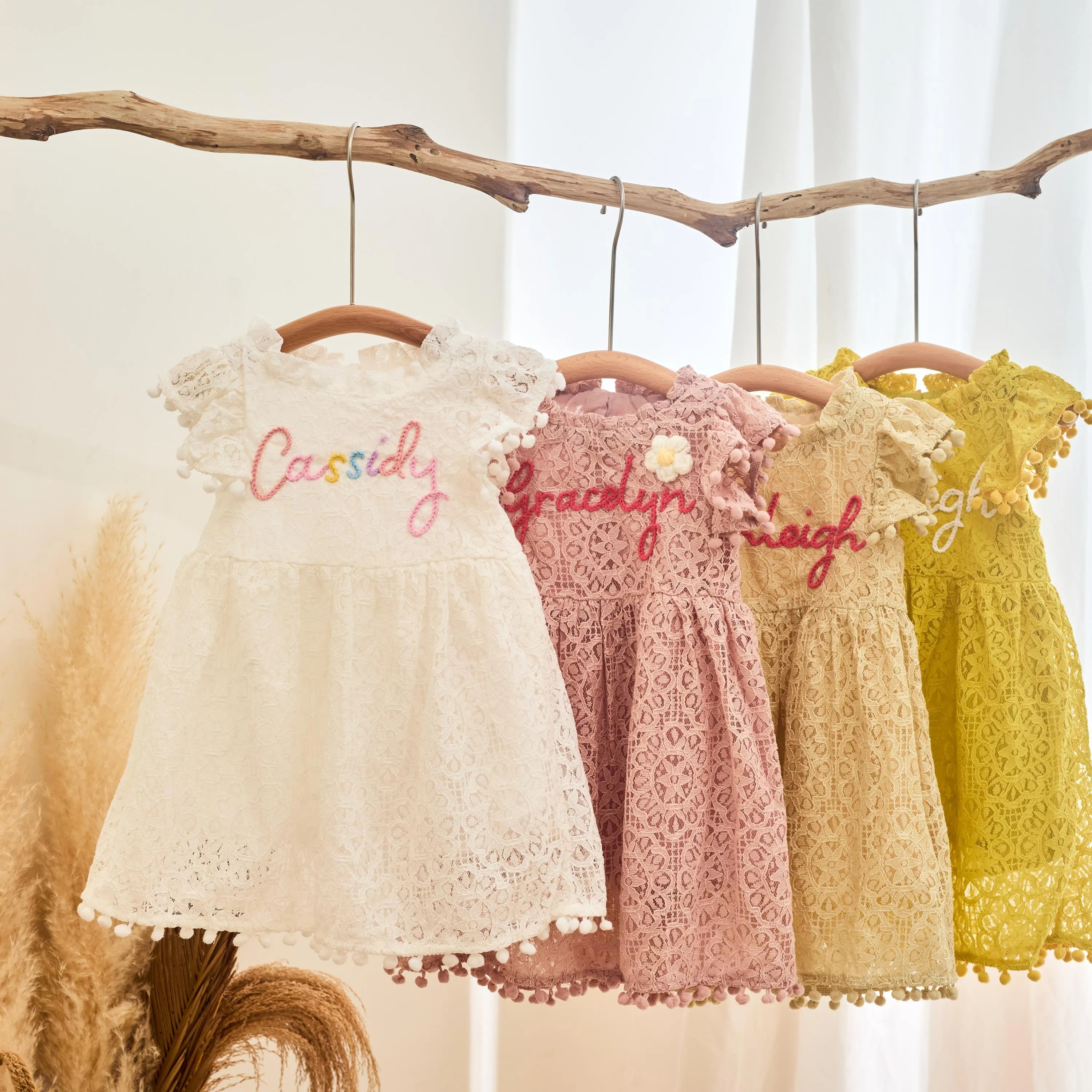 Personalized Girl Handmade Flower Lace Ruffle Dress| Dress115