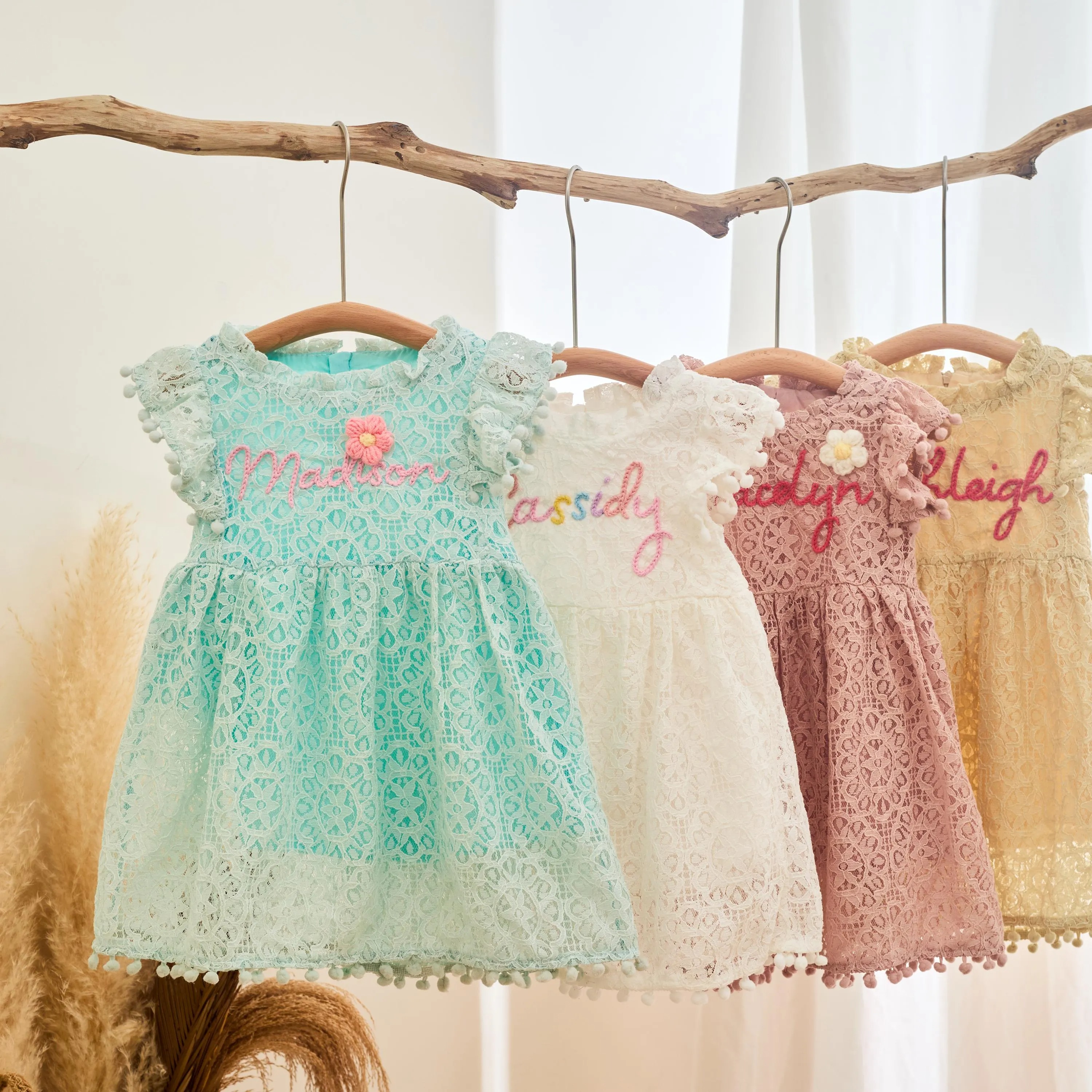 Personalized Girl Handmade Flower Lace Ruffle Dress| Dress115