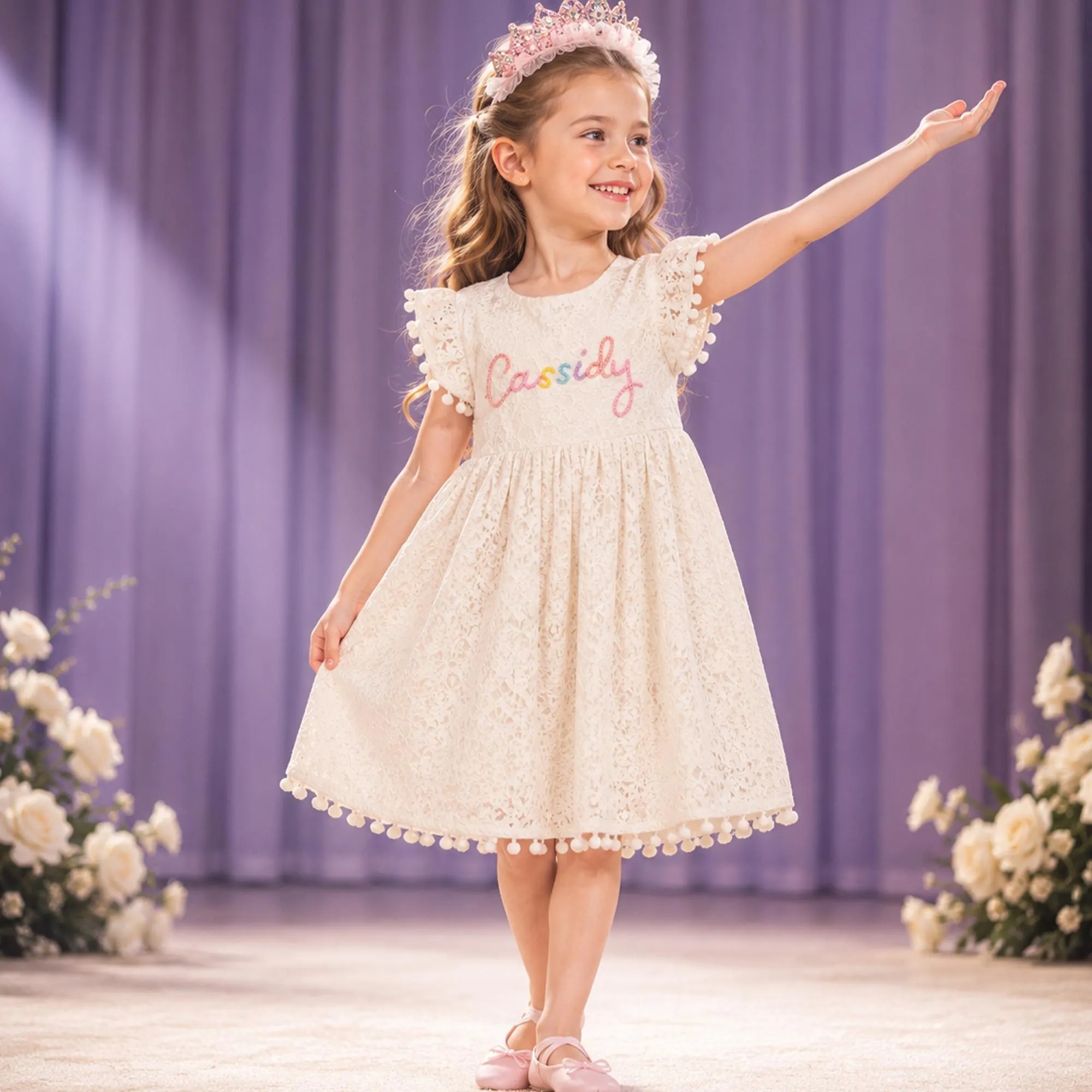 Personalized Girl Handmade Flower Lace Ruffle Dress| Dress115