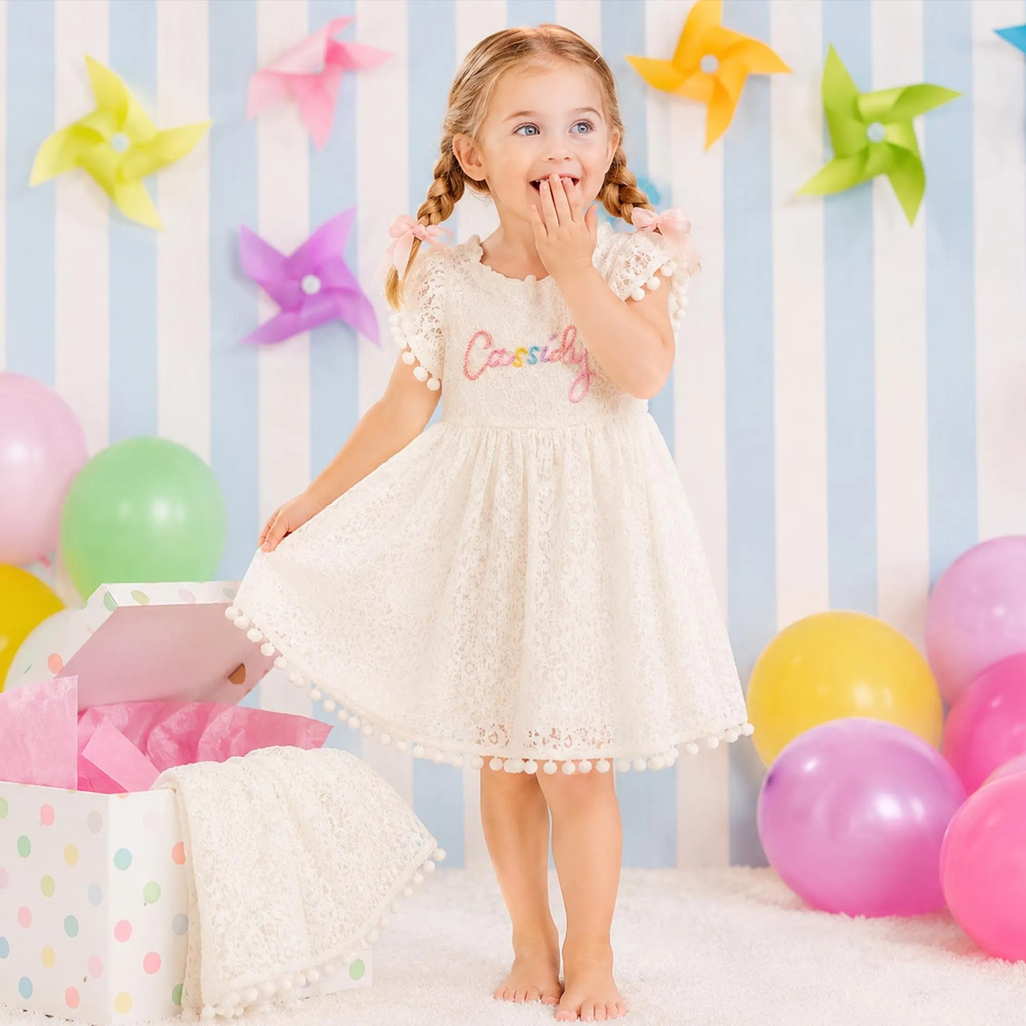 Personalized Girl Handmade Flower Lace Ruffle Dress| Dress115