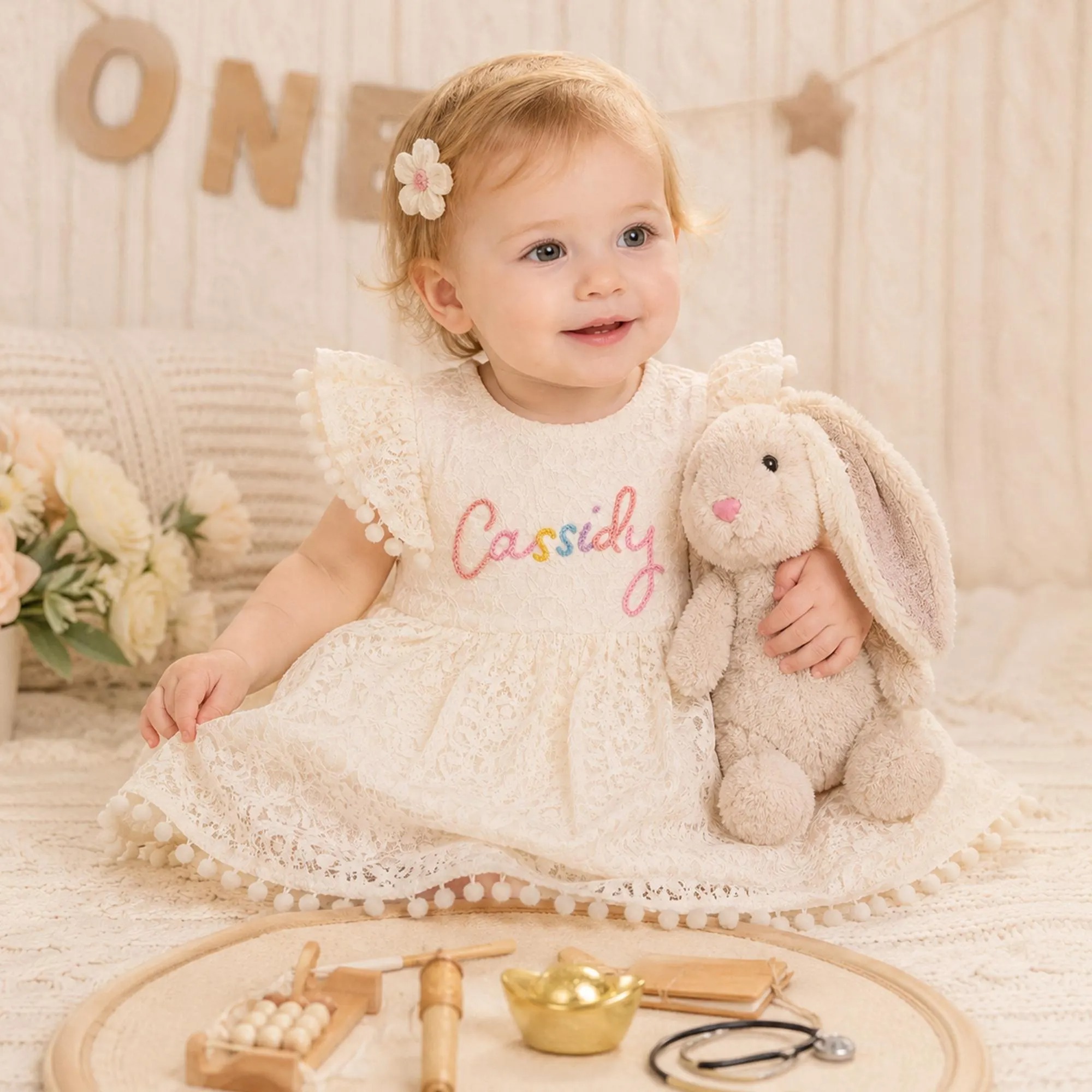 Personalized Girl Handmade Flower Lace Ruffle Dress| Dress115