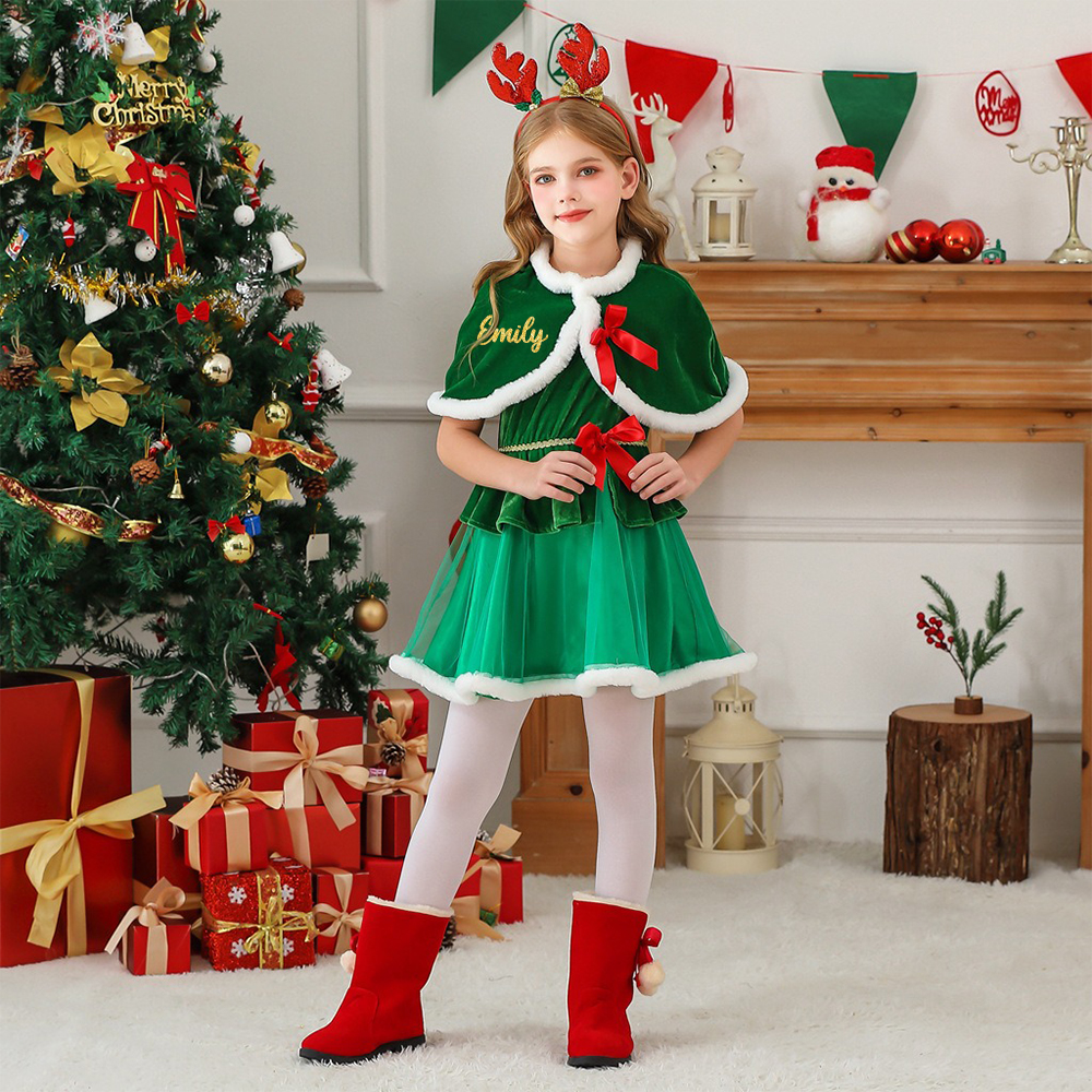 Personalized Girl Christmas Party Dress With Cape Shawl|YESMC04