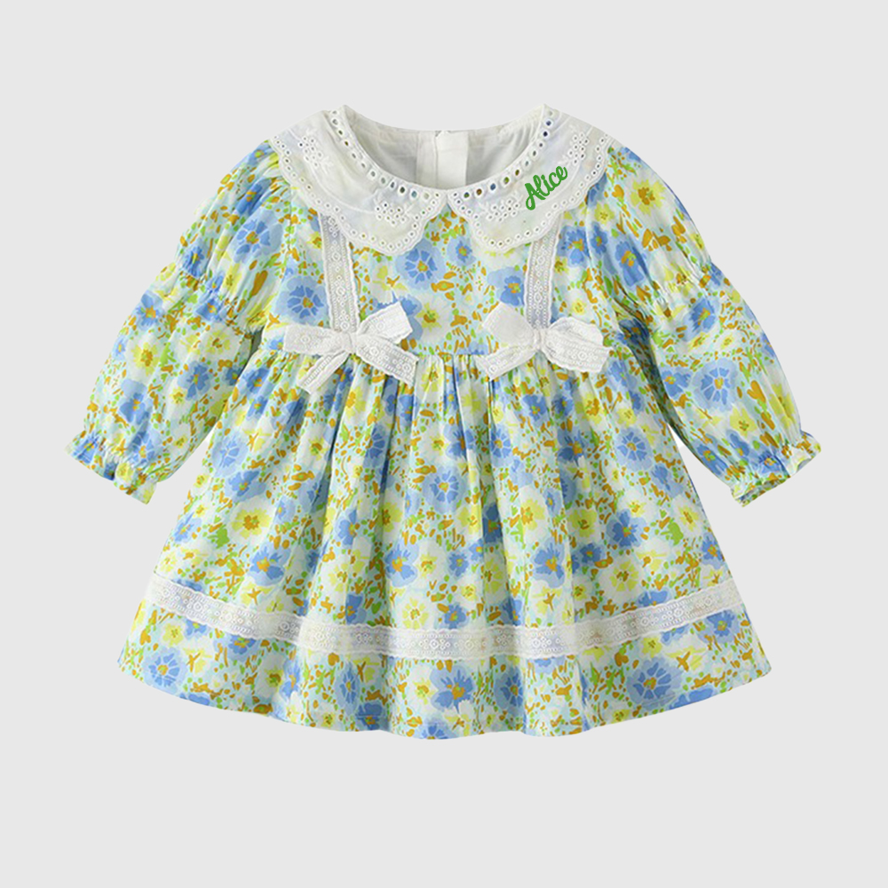 Personalized Girl Long Sleeve Floral Dress| Dress35