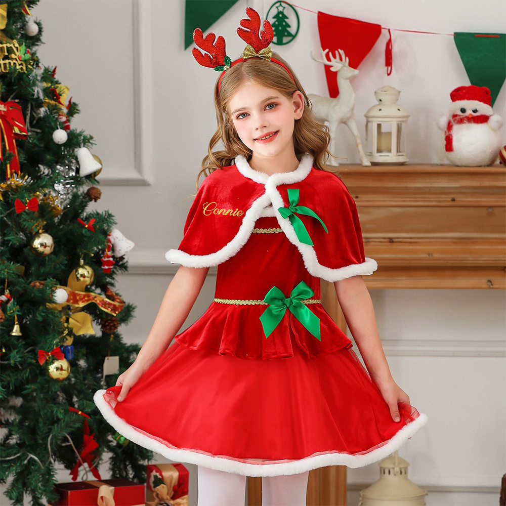 Personalized Girl Christmas Party Dress With Cape Shawl|YESMC04