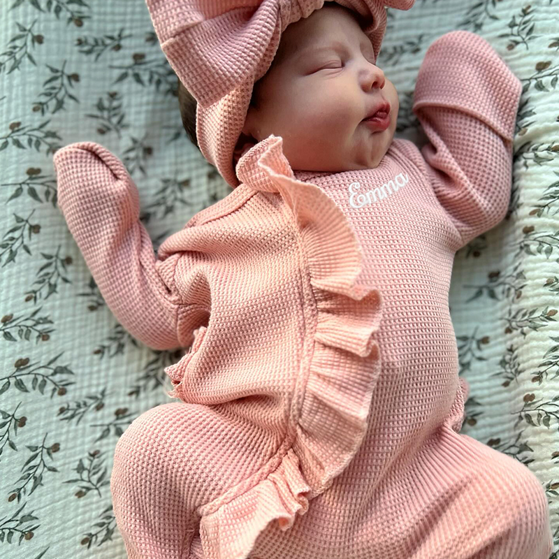 Personalized Baby Girl  With Embroidered Name Waffle Knit Ruffled Footie Outfit | BBCloth59