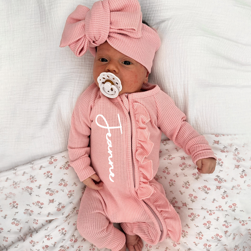 Personalized Baby Girl Zipper Knit Ruffled Footie Outfit| BBCloth61