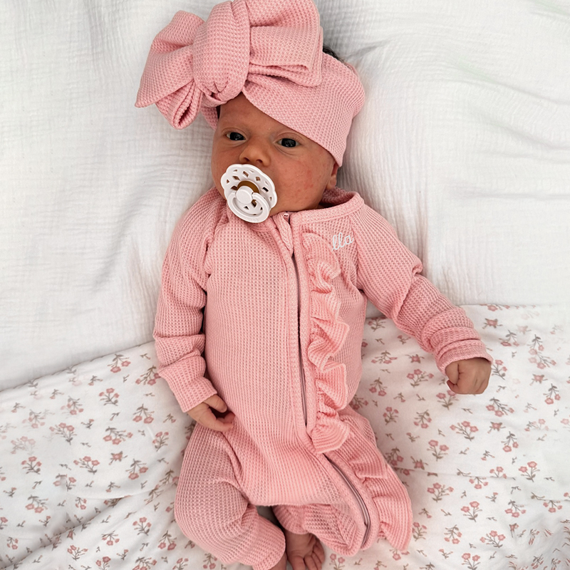 Personalized Baby Girl  With Embroidered Name Waffle Knit Ruffled Footie Outfit | BBCloth59
