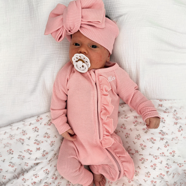 Personalized Baby Girl  With Embroidered Name Waffle Knit Ruffled Footie Outfit | BBCloth59