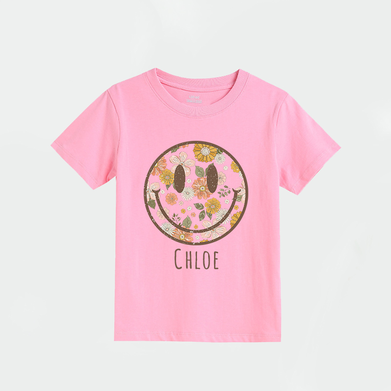 Personalized Girls Retro Floral Smiley Face T-Shirt| Cloth1423