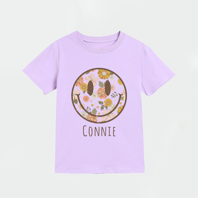 Personalized Girls Retro Floral Smiley Face T-Shirt| Cloth1423