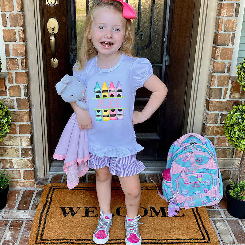 Personalized Girls Crayon Short Sleeve Ruffle Shirt| Cloth143