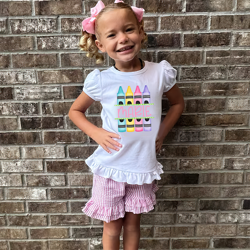 Personalized Girls Crayon Short Sleeve Ruffle Shirt| Cloth143