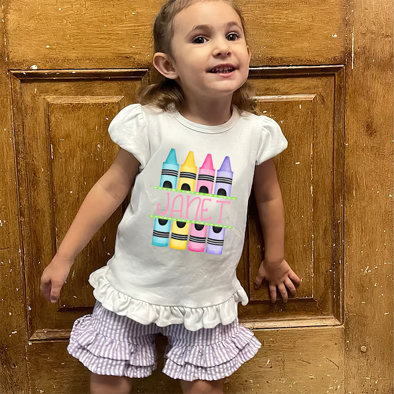 Personalized Girls Crayon Short Sleeve Ruffle Shirt| Cloth143
