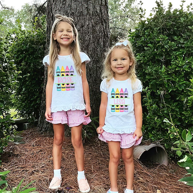 Personalized Girls Crayon Short Sleeve Ruffle Shirt| Cloth143