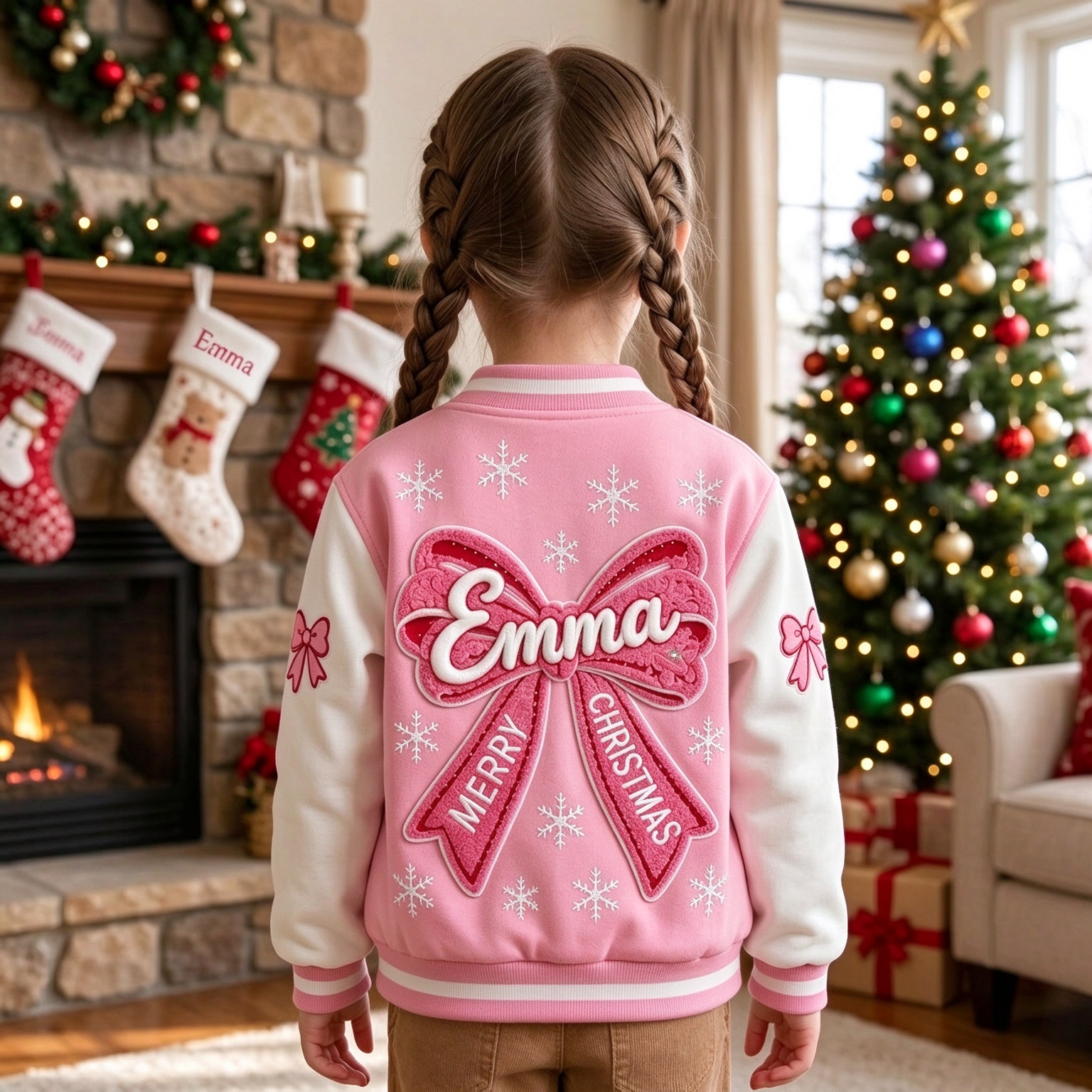 Personalized Pink Christmas Sweet Print Varsity Jacket for Girls | YESMC40