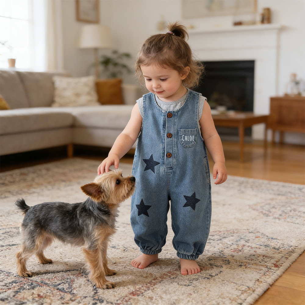 Personalized Kids Star Print  Denim Overalls| Pants49