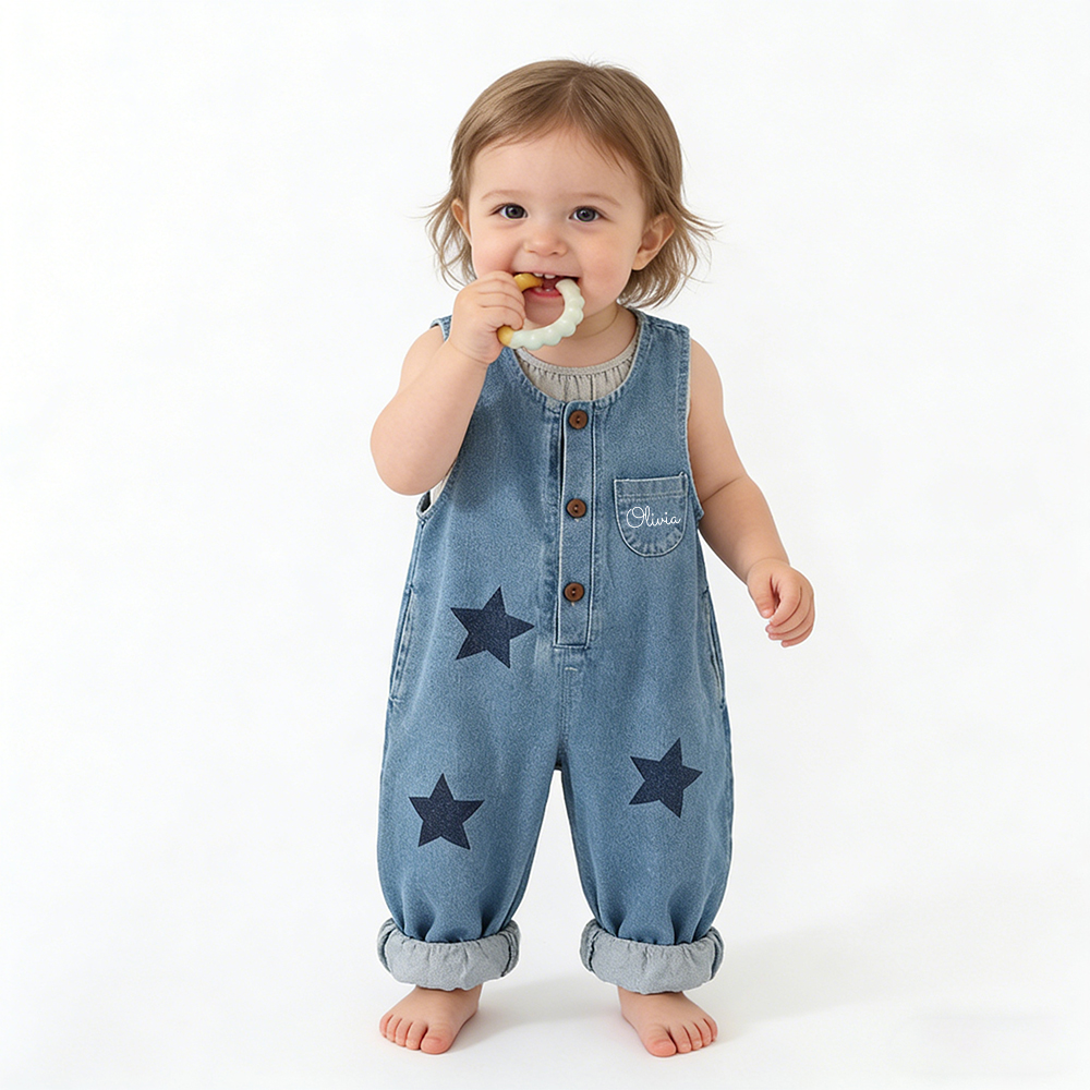 Personalized Kids Star Print  Denim Overalls| Pants49