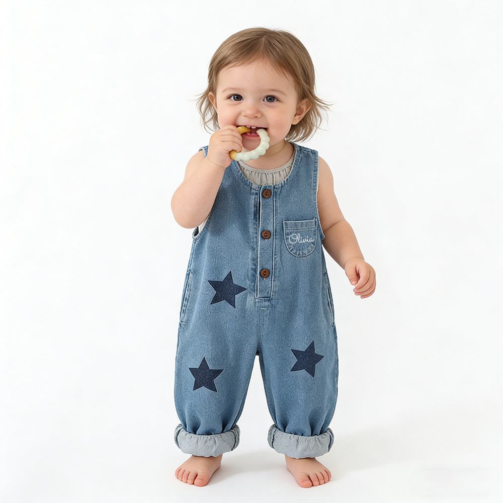 Personalized Kids Star Print  Denim Overalls| Pants49