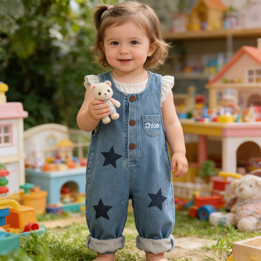 Personalized Kids Star Print  Denim Overalls| Pants49