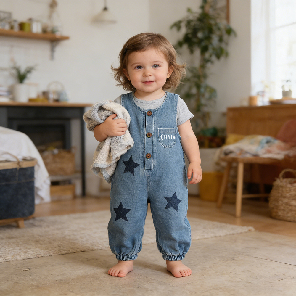 Personalized Kids Star Print  Denim Overalls| Pants49