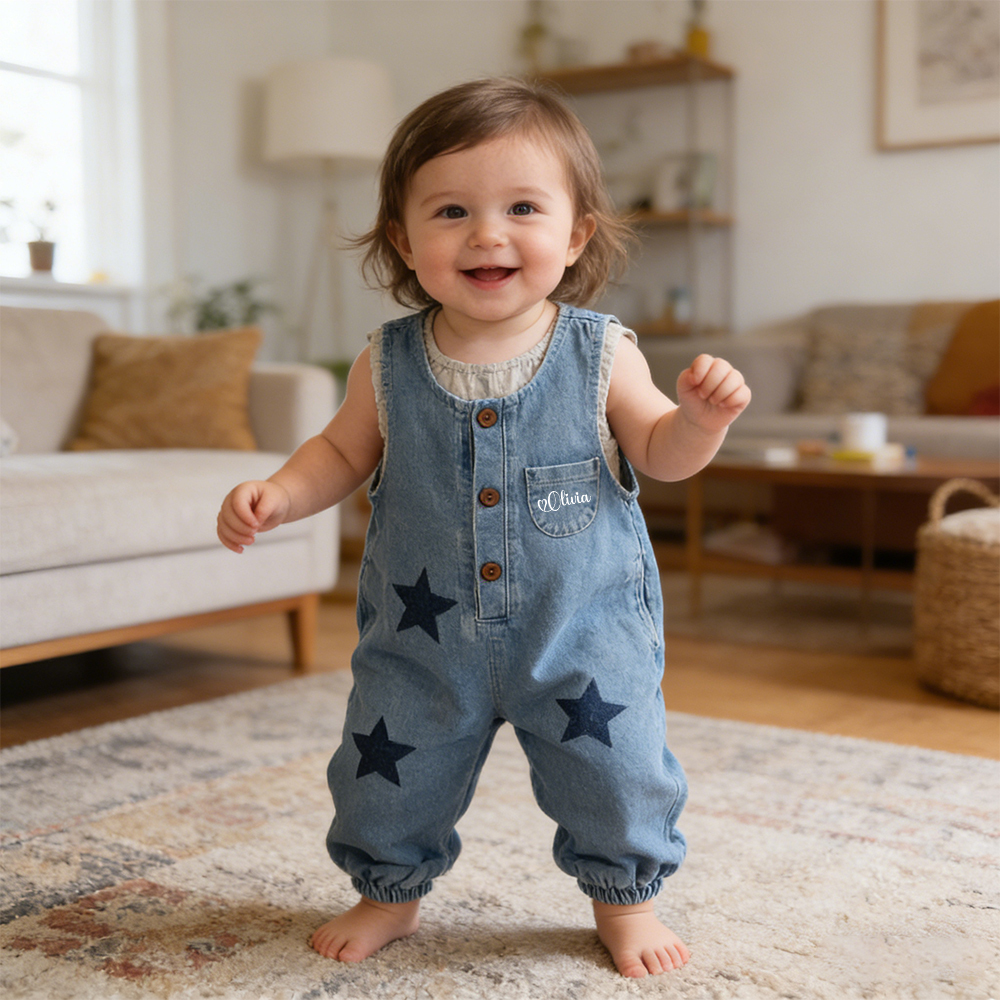 Personalized Kids Star Print  Denim Overalls| Pants49