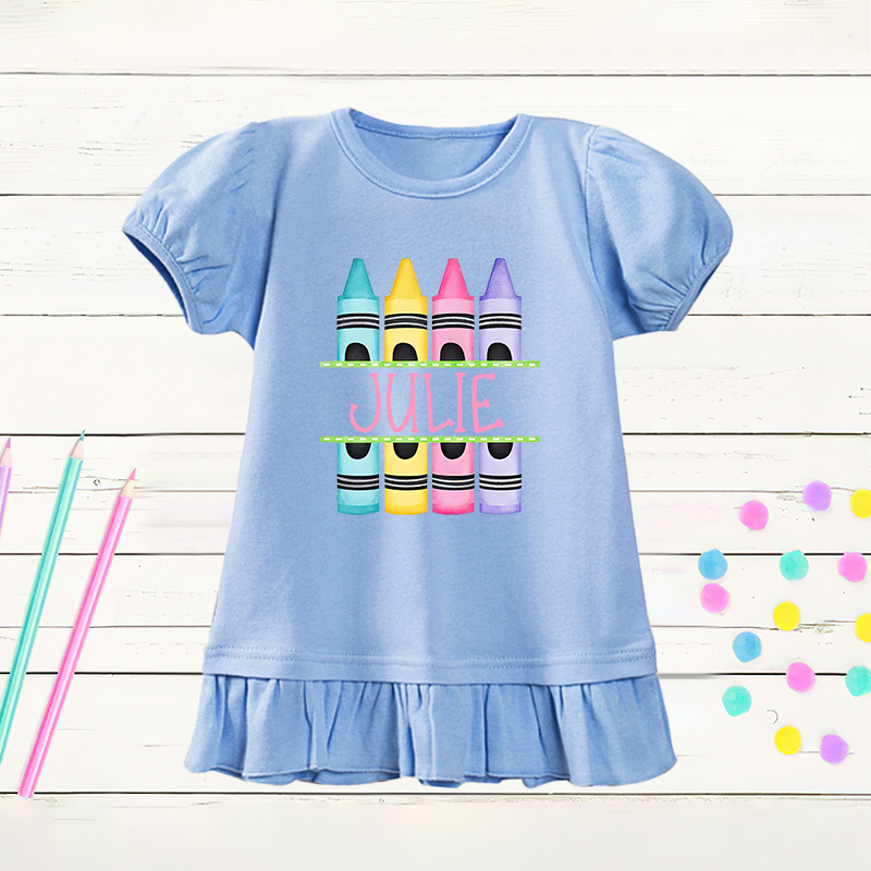 Personalized Girls Crayon Short Sleeve Ruffle Shirt| Cloth143