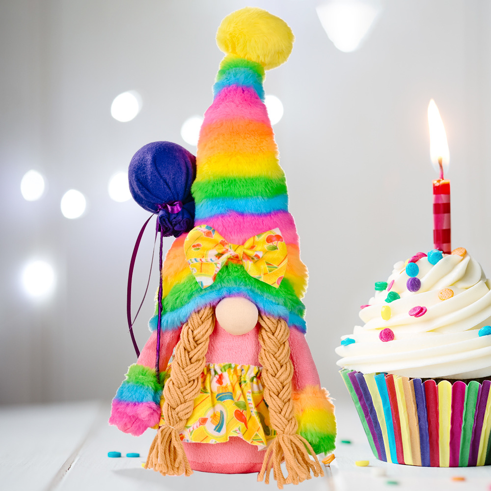 Handmade Rainbow Gnome Plush Figure with Birthday Balloon Accent for Party Decor & Table Centerpiece(12 inches)
