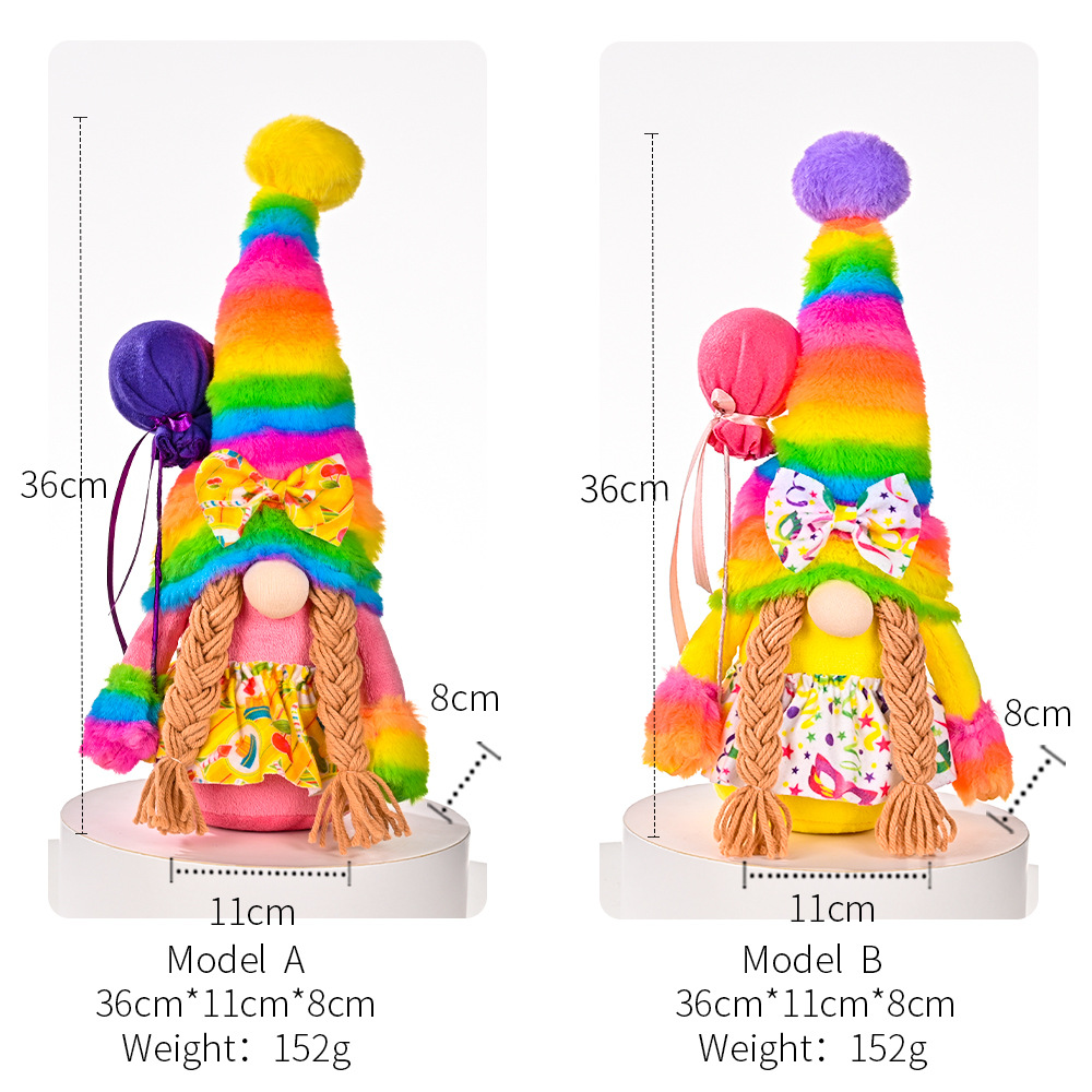 Handmade Rainbow Gnome Plush Figure with Birthday Balloon Accent for Party Decor & Table Centerpiece(12 inches)