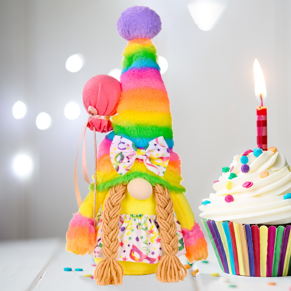 Handmade Rainbow Gnome Plush Figure with Birthday Balloon Accent for Party Decor & Table Centerpiece(12 inches)