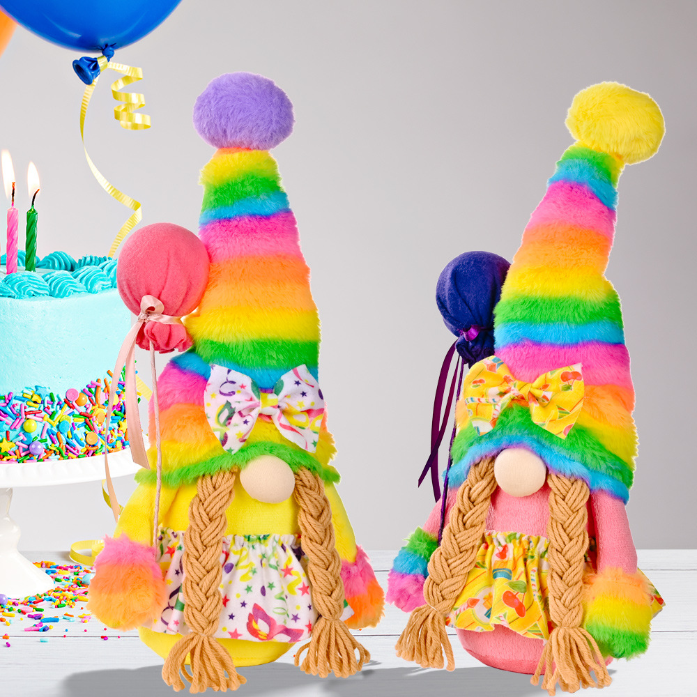Handmade Rainbow Gnome Plush Figure with Birthday Balloon Accent for Party Decor & Table Centerpiece(12 inches)