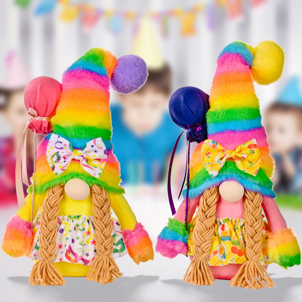 Handmade Rainbow Gnome Plush Figure with Birthday Balloon Accent for Party Decor & Table Centerpiece(12 inches)