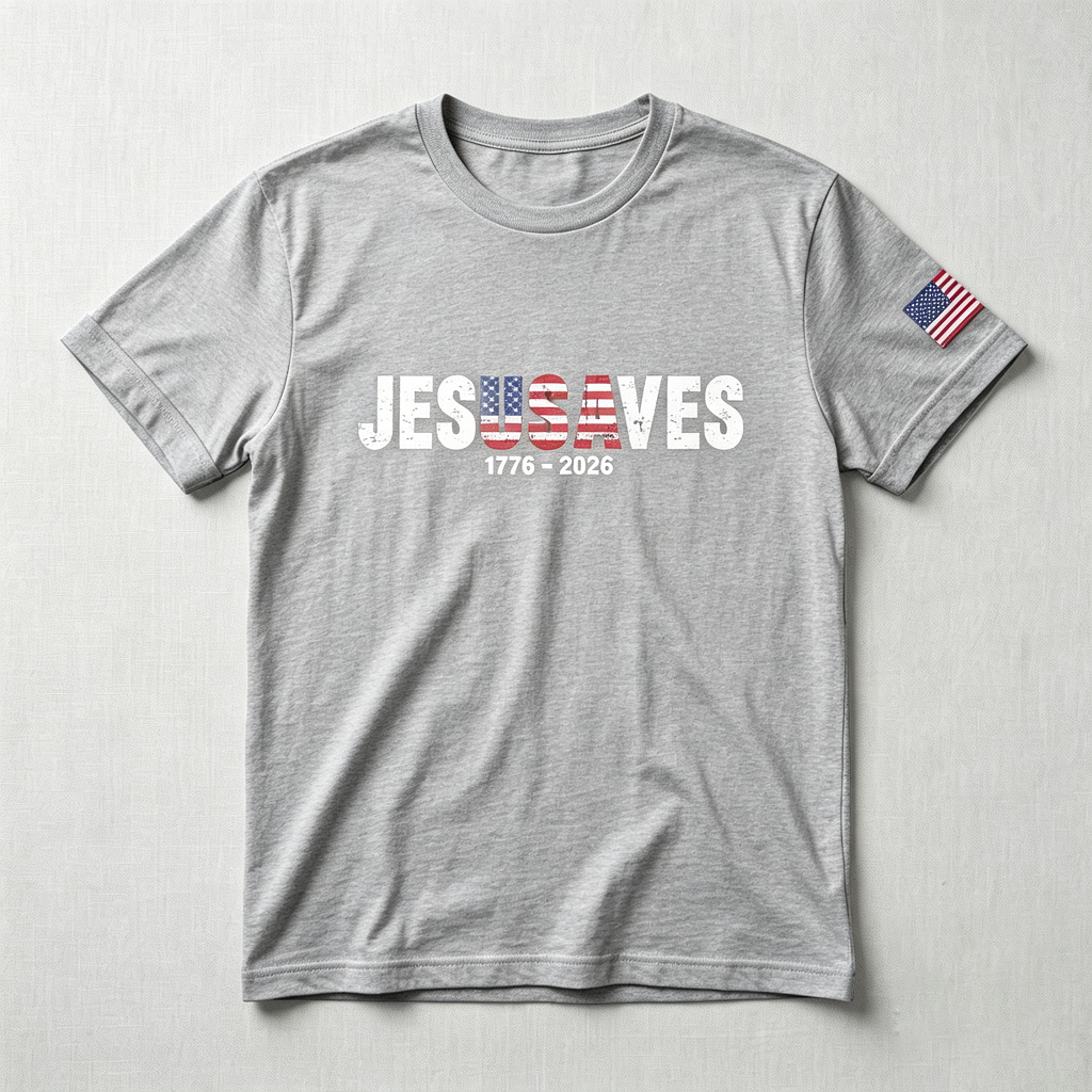 Christian Patriot Jesusave America Flag Sleeve Print T-shirt