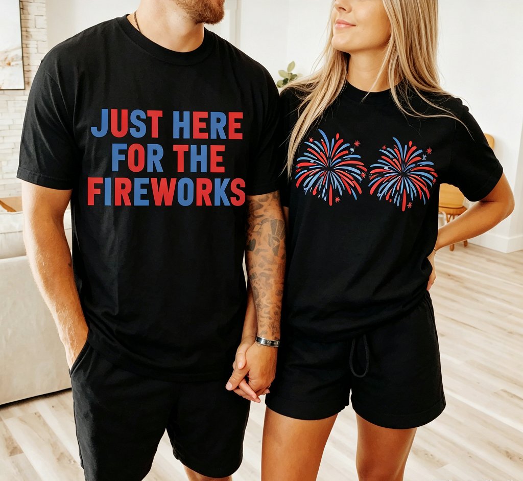 "Just Here For The Fireworks" Matching Couples 4th of July T-Shirts