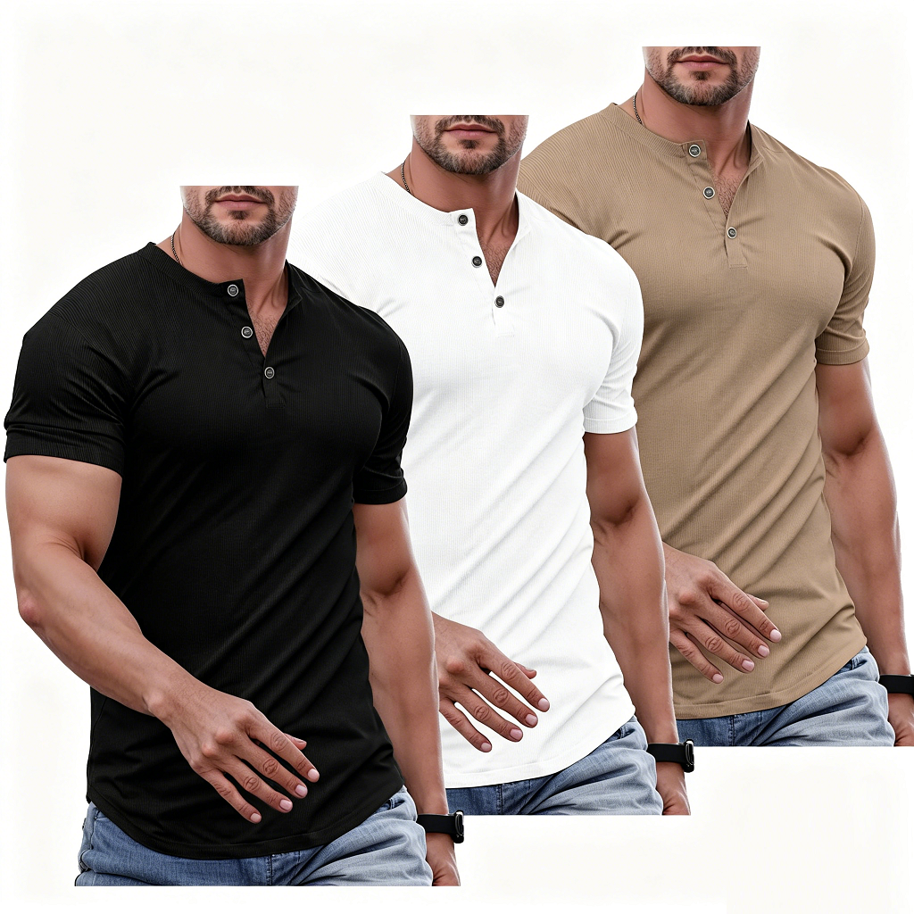 Men's Plain Muscle Slim Fitted Henley Shirts Crewneck Longline T-Shirt - Men's Classic Streetwear Clothing for Daily Wear