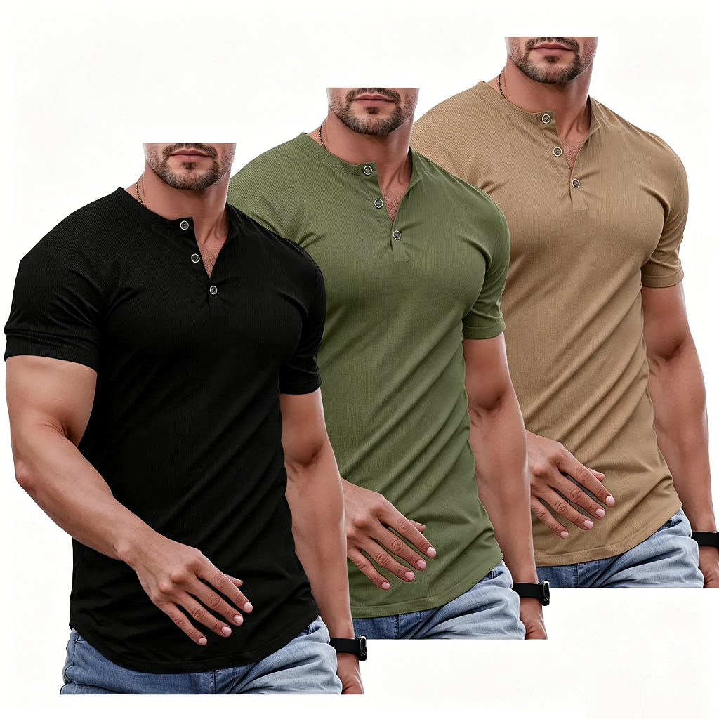 Men's Plain Muscle Slim Fitted Henley Shirts Crewneck Longline T-Shirt - Men's Classic Streetwear Clothing for Daily Wear