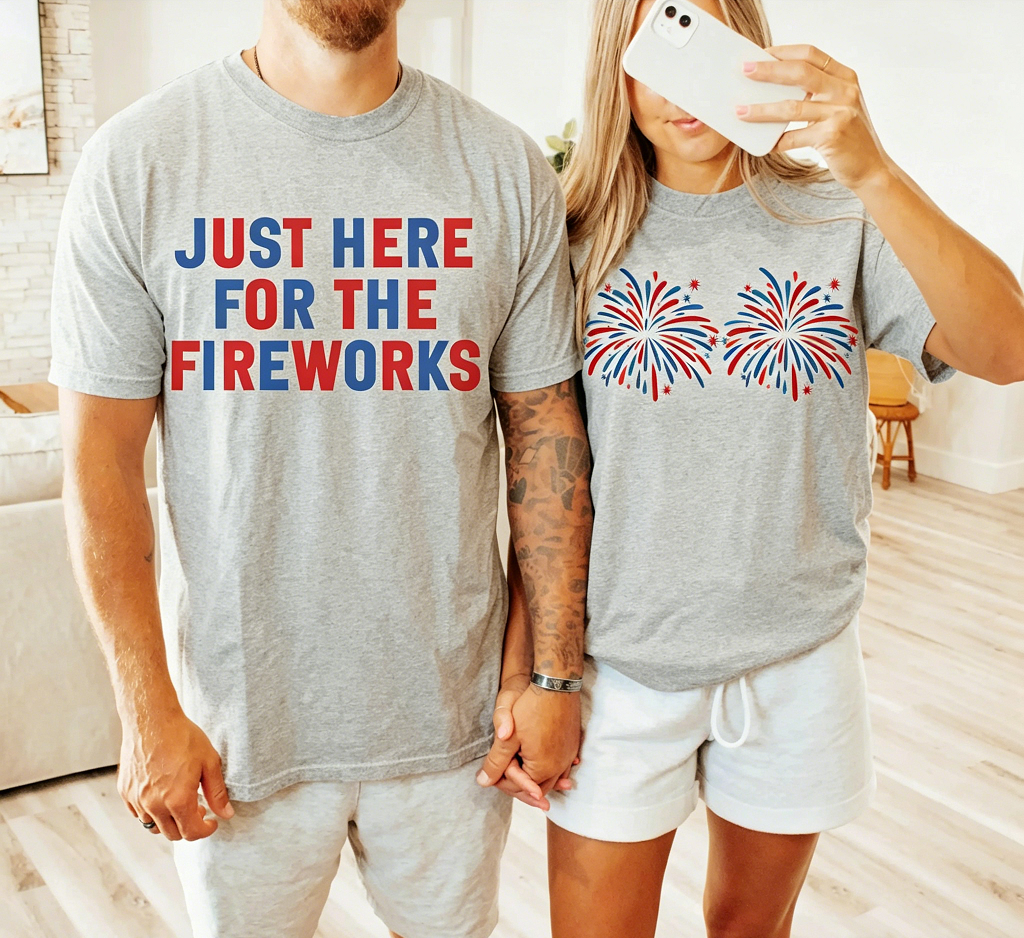 "Just Here For The Fireworks" Matching Couples 4th of July T-Shirts